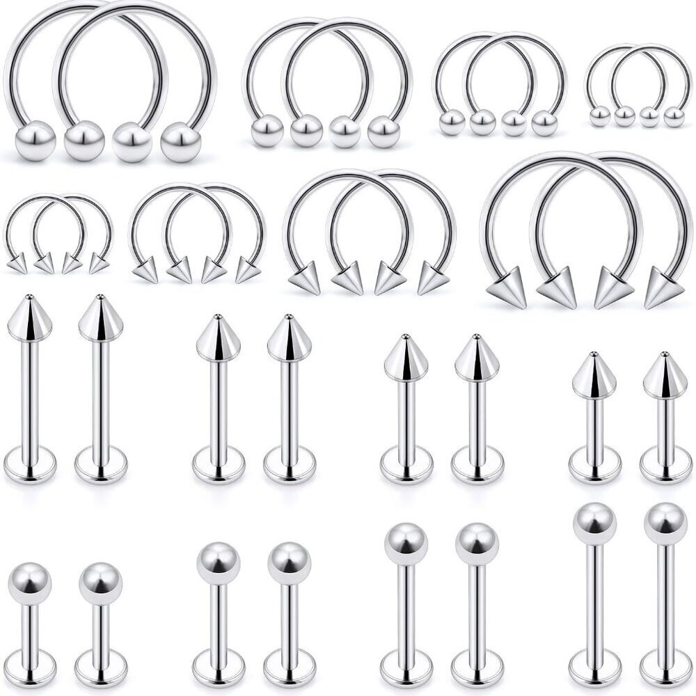 Lip Rings 32pcs Labret Jewelry Monroe Snake Bite Surgical Steel Piercings